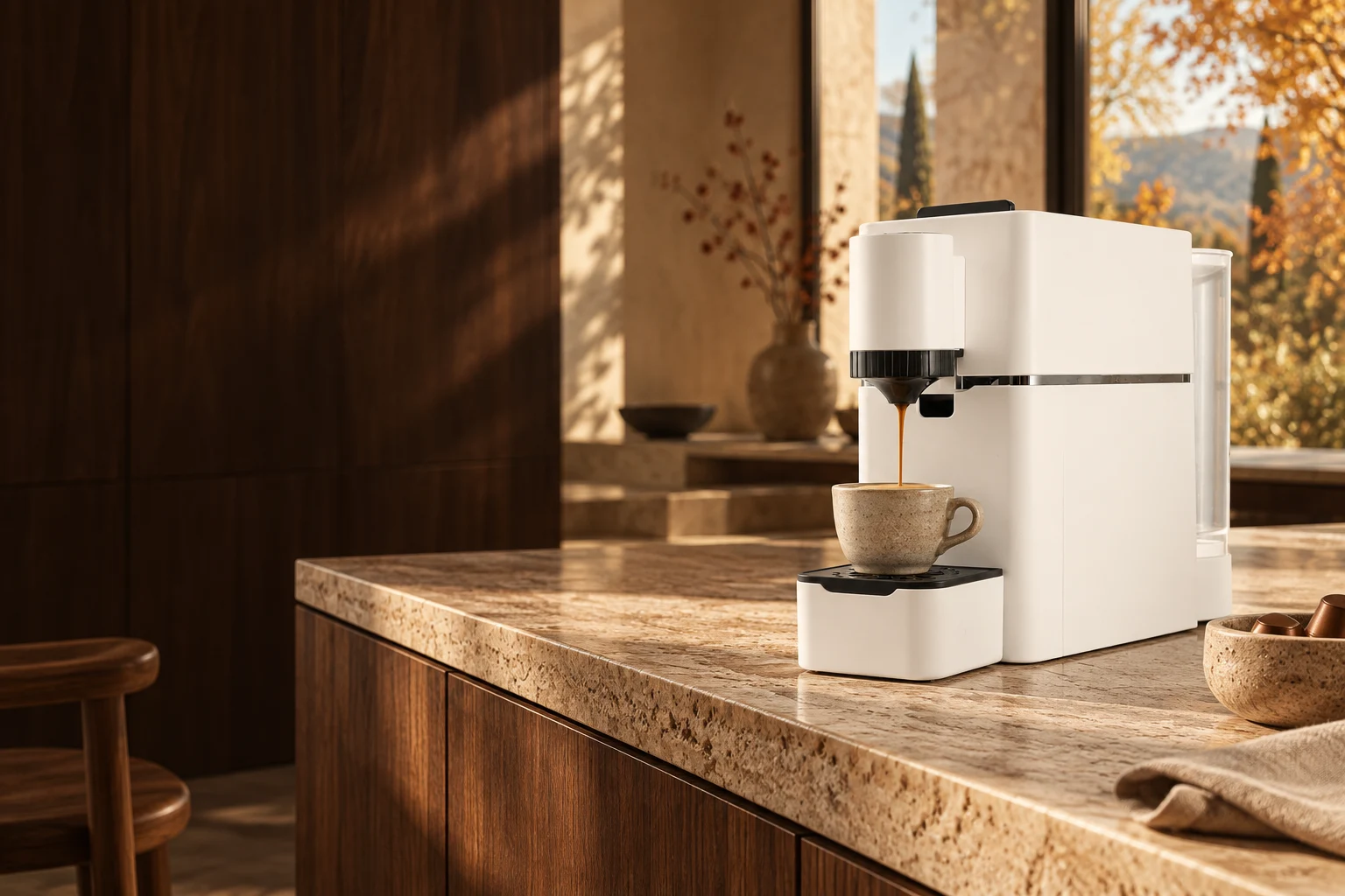 Aromi coffee machine in a warm autumn interior